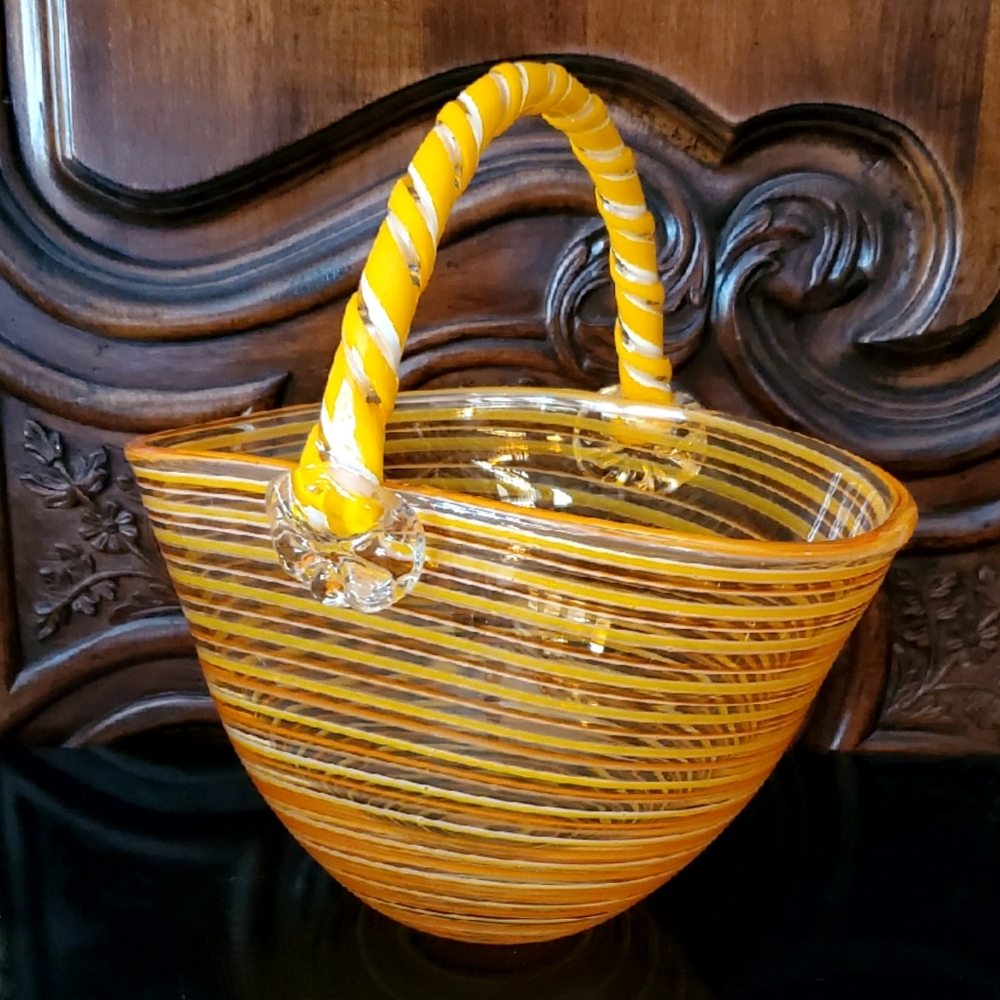 9 1/8" Orange Handmade Blown Lead Free Crystal Basket by 🇵🇱 BLOCK Crystal